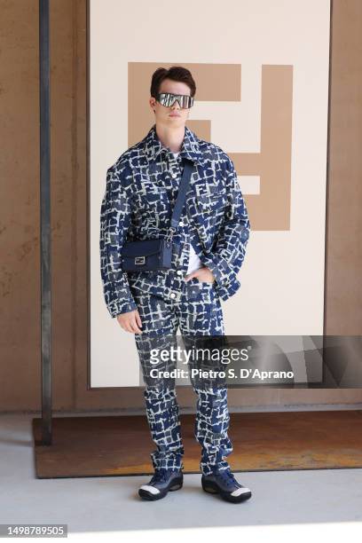 Nicholas Galitzine attends a photocall during Fendi Men's SS24 Fashion Show at Fendi Factory on June 15, 2023 in Florence, Italy.