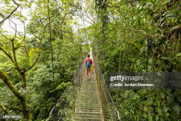 a mother and her daughter walking across a bridge through the rainforest of costa rica - la fortuna stock pictures, royalty-free photos & images