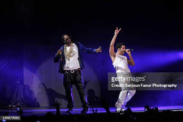 Rap Artists 2chainz and Drake perform at Ovo Fest 2012 at Molson Amphitheatre on August 5, 2012 in Toronto, Canada.
