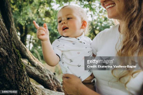 happy mom showing finger to child of insects on tree trunk - baby hands stock pictures, royalty-free photos & images