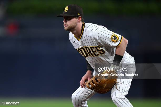 Jake Cronenworth of the San Diego Padres looks on against the Cleveland Guardians at PETCO Park on June 14, 2023 in San Diego, California.