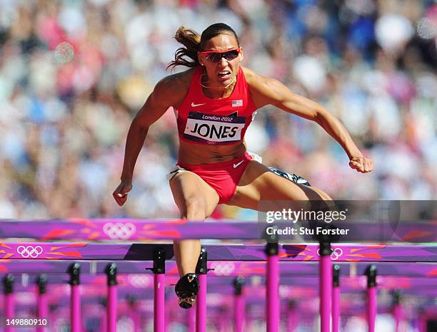 Lolo Jones of the United States competes in the Women's 100m Hurdles heat on Day 10 of the London 2012 Olympic Games at the Olympic Stadium on August...