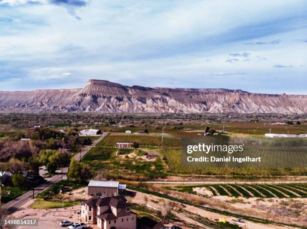 the aerial scene encompasses palisade's expansive orchards, harmoniously integrated with farmhouses and fields, as the distant silhouette of the bookcliff mountains and mount garfield completes the panorama. - grand junction colorado stock pictures, royalty-free photos & images