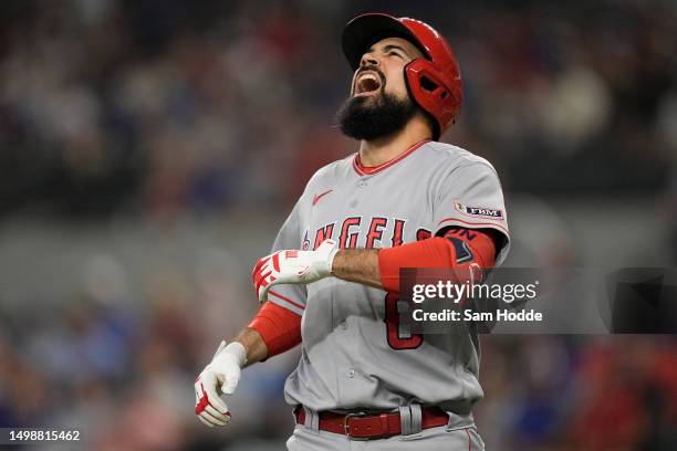 Anthony Rendon of the Los Angeles Angels reacts after being hit by a pitch during the first inning against the Texas Rangers at Globe Life Field on...