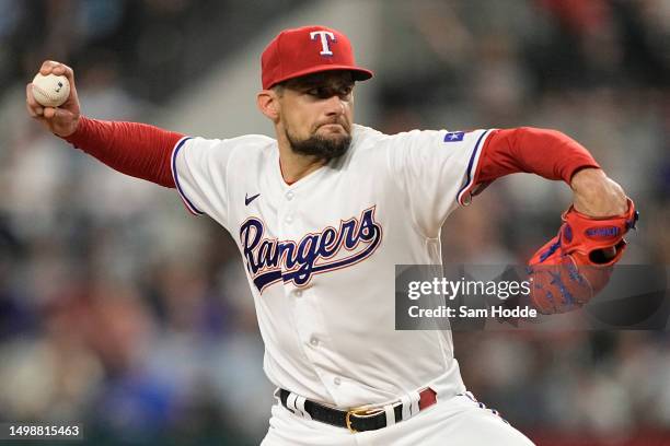 Nathan Eovaldi of the Texas Rangers pitches during the first inning against the Los Angeles Angels at Globe Life Field on June 15, 2023 in Arlington,...