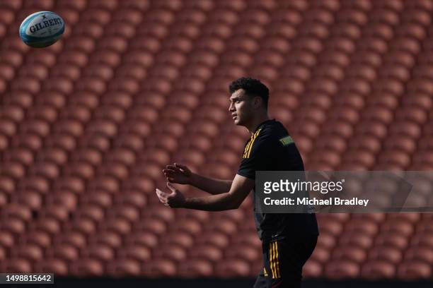 Chiefs Shaun Stevenson catches the ball during a media opportunity ahead of the Super Rugby Pacific semi final between the Chiefs and the Brumbies,...