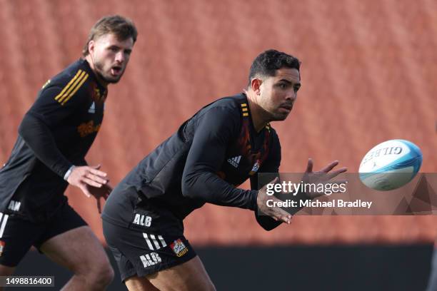 Chiefs Anton Lienert-Brown looks to catch the ball during a media opportunity ahead of the Super Rugby Pacific semi final between the Chiefs and the...