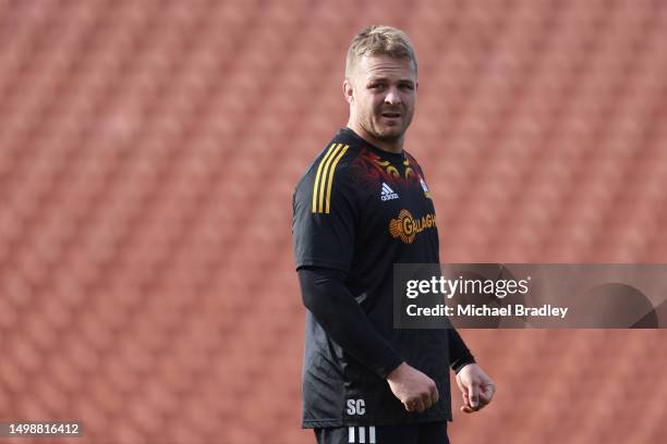 Chiefs Sam Cane looks on during a media opportunity ahead of the Super Rugby Pacific semi final between the Chiefs and the Brumbies, at FMG Stadium...