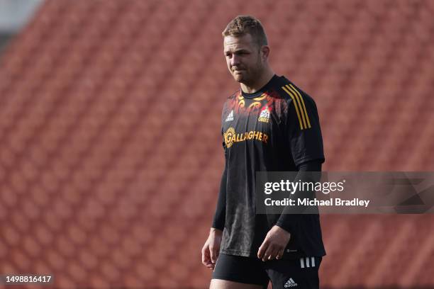 Chiefs Sam Cane looks on during a media opportunity ahead of the Super Rugby Pacific semi final between the Chiefs and the Brumbies, at FMG Stadium...