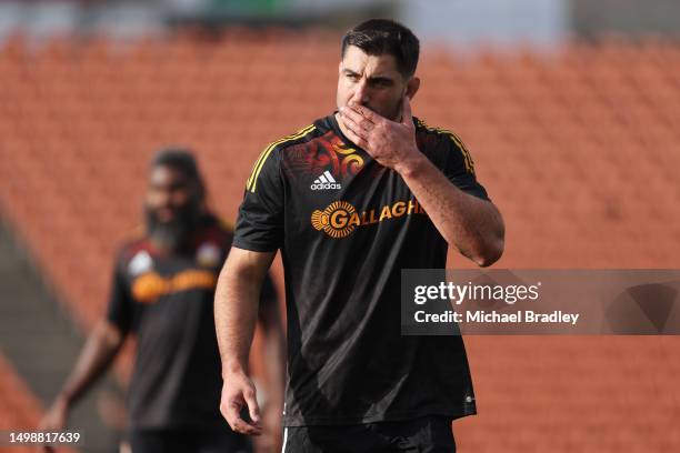 Chiefs Luke Jacobson looks on during a media opportunity ahead of the Super Rugby Pacific semi final between the Chiefs and the Brumbies, at FMG...