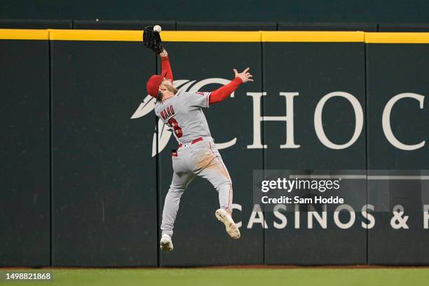 Taylor Ward of the Los Angeles Angels catches a fly ball hit by Leody Taveras of the Texas Rangers during the second inning at Globe Life Field on...