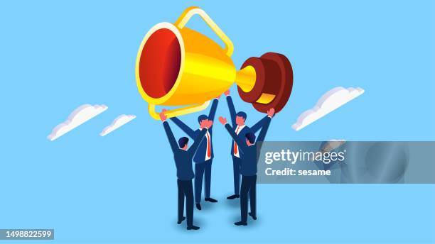 team achievements, team winning trophies, teamwork to achieve business goals, isometric four businessmen lifting huge trophies - hunting trophy stock illustrations