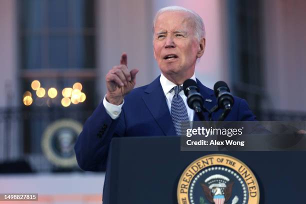 President Joe Biden speaks during a screening of the film “Flamin’ Hot” on the South Lawn of the White House on June 15, 2023 in Washington, DC. The...