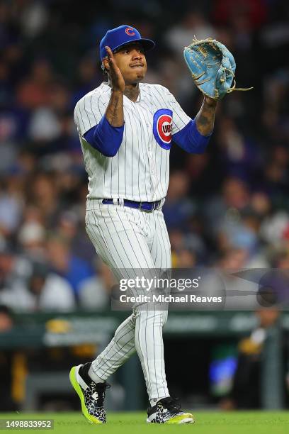 Marcus Stroman of the Chicago Cubs reacts after retiring the side against the Pittsburgh Pirates during the sixth inning at Wrigley Field on June 15,...