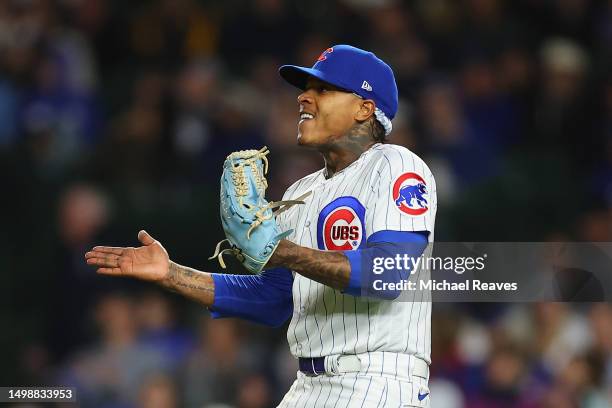 Marcus Stroman of the Chicago Cubs reacts after retiring the side against the Pittsburgh Pirates during the sixth inning at Wrigley Field on June 15,...