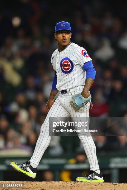 Marcus Stroman of the Chicago Cubs reacts after a strikeout against the Pittsburgh Pirates during the sixth inning at Wrigley Field on June 15, 2023...