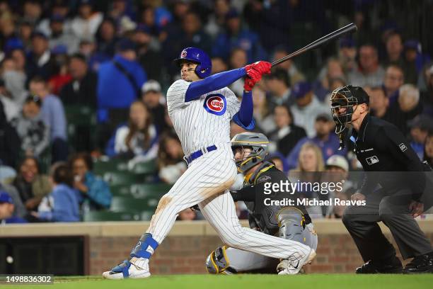 Christopher Morel of the Chicago Cubs hits a RBI sacrifice fly against the Pittsburgh Pirates during the sixth inning at Wrigley Field on June 15,...