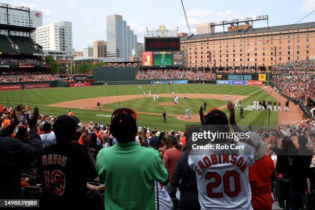 Fans cheer after the Baltimore Orioles defeated the Toronto Blue Jays at Oriole Park at Camden Yards on June 15, 2023 in Baltimore, Maryland.