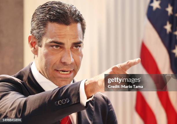 Republican presidential candidate Miami Mayor Francis Suarez delivers remarks at the Ronald Reagan Presidential Library on June 15, 2023 in Simi...