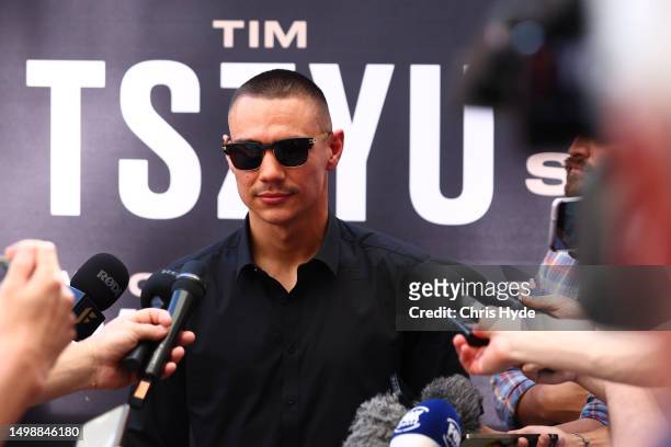 Tim Tszyu speaks to media during the Tim Tszyu v Carlos Ocampo official press conference at Pacific Fair on June 16, 2023 in Gold Coast, Australia.