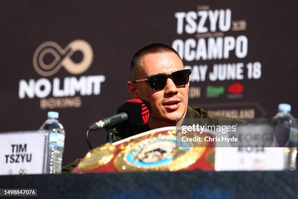 Tim Tszyu speaks to media during the Tim Tszyu v Carlos Ocampo official press conference at Pacific Fair on June 16, 2023 in Gold Coast, Australia.