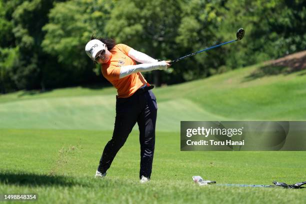 Ayako Uehara of Japan hits her second shot on the 4th hole during the first round of Yupiteru The Shizuoka Shimbun & Shizuoka Broadcasting System...