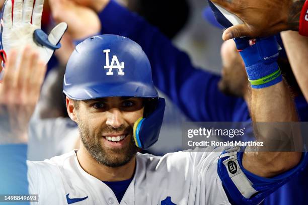 Chris Taylor of the Los Angeles Dodgers celebrates his 100th MLB career home run a grand slam against the Chicago White Sox in the sixth inning at...