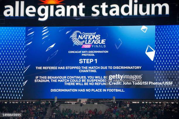 The video board displays a message that the game has been stopped due to discriminatory chanting during the second half of the 2023 CONCACAF Nations...