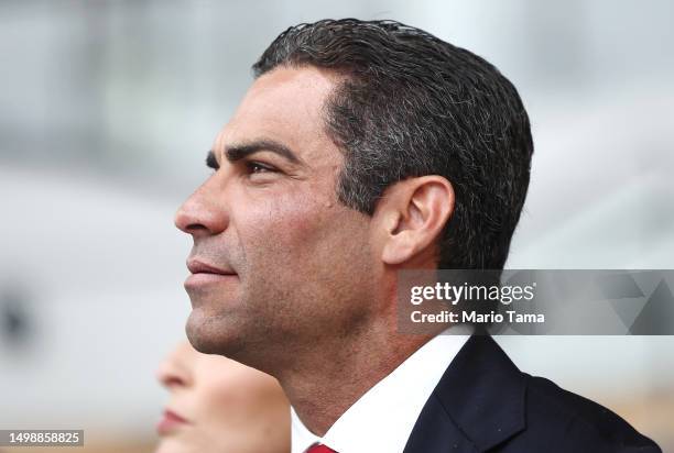 Republican presidential candidate Miami Mayor Francis Suarez waits to deliver remarks at the Ronald Reagan Presidential Library on June 15, 2023 in...