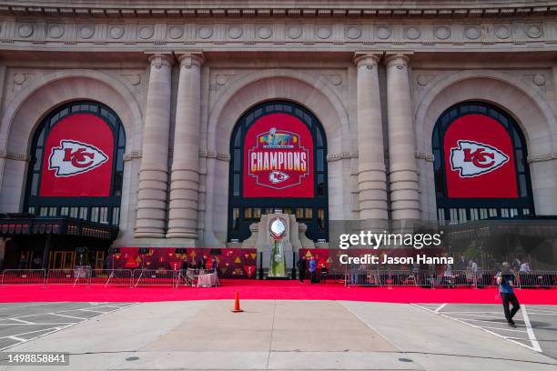 Detail shot of the front of Union Station at the Kansas City Chiefs ring ceremony at Union Station on June 15, 2023 in Kansas City, Missouri.