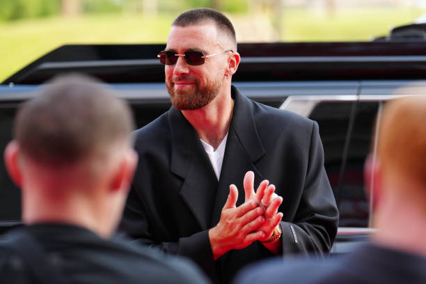 Kansas City Chiefs tight end Travis Kelce on the red carpet at the Kansas City Chiefs ring ceremony at Union Station on June 15, 2023 in Kansas City,...