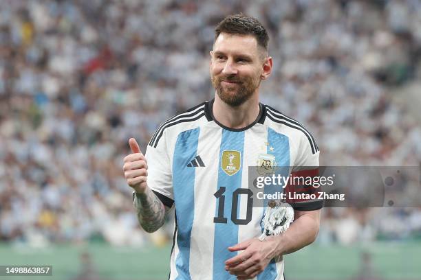 Lionel Messi of Argentina reacts during the international friendly match between Argentina and Australia at Workers Stadium on June 15, 2023 in...