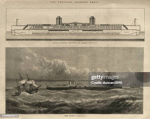 entwurf für eine kanalfähre, dampfer, paddelschiff, geschichte des schiffbaus, 1872, 19. jahrhundert - passagierschiff stock-grafiken, -clipart, -cartoons und -symbole