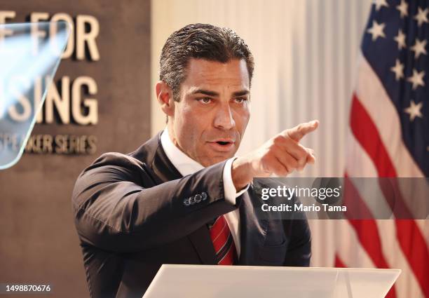 Republican presidential candidate Miami Mayor Francis Suarez delivers remarks at the Ronald Reagan Presidential Library on June 15, 2023 in Simi...