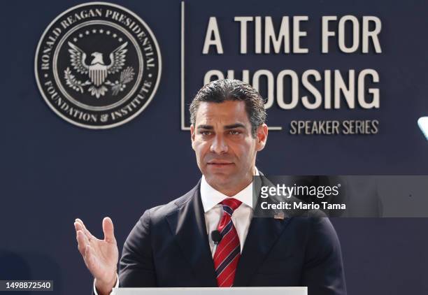 Republican presidential candidate Miami Mayor Francis Suarez delivers remarks at the Ronald Reagan Presidential Library on June 15, 2023 in Simi...
