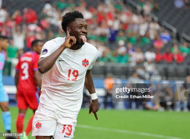 Alphonso Davies of Canada reacts after scoring a goal against Panama in the second half of their game during the 2023 CONCACAF Nations League...