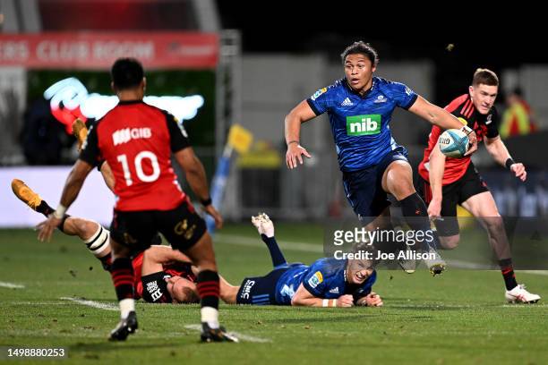 Caleb Clarke of the Blues charges forward during the Super Rugby Pacific Semi Final match between Crusaders and Blues at Orangetheory Stadium, on...
