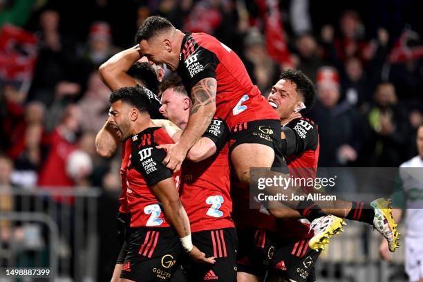 The Crusaders celebrate a try scored by Leicester Fainga'anuku during the Super Rugby Pacific Semi Final match between Crusaders and Blues at...