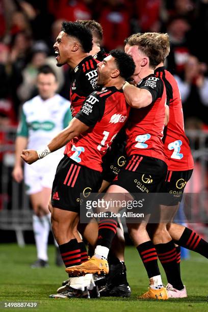 Leicester Fainga'anuku of the Crusaders celebrates after scoring a try during the Super Rugby Pacific Semi Final match between Crusaders and Blues at...