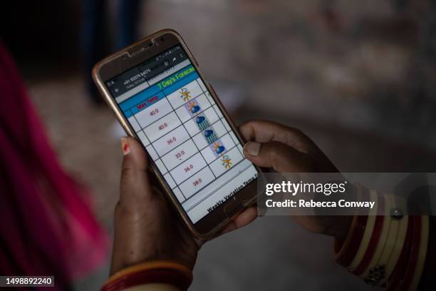 Mahila Housing Trust community worker Sanjana Daiya shows a resident how to use a weather chart and electronic early-warning system in Rao Ambedkar...