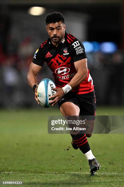 Richie Mo'unga of the Crusaders charges forward during the Super Rugby Pacific Semi Final match between Crusaders and Blues at Orangetheory Stadium,...