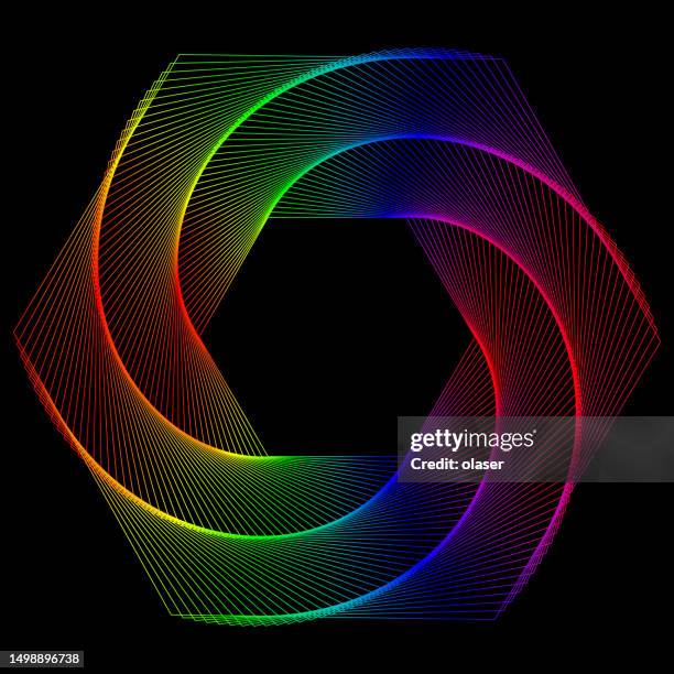 rotierende linien von spektrum-lichtfarben, die ein verdrehtes sechseck bilden - ineinander verschlungen stock-grafiken, -clipart, -cartoons und -symbole