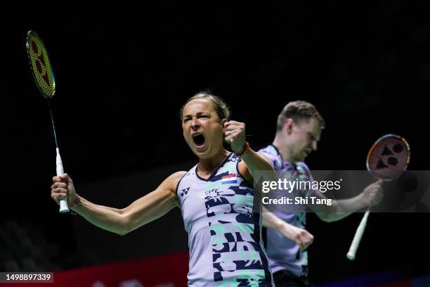 Robin Tabeling and Selena Piek of the Netherlands react in the Mixed Doubles Quarter Finals match against Tang Chun Man and Tse Ying Suet of Hong...