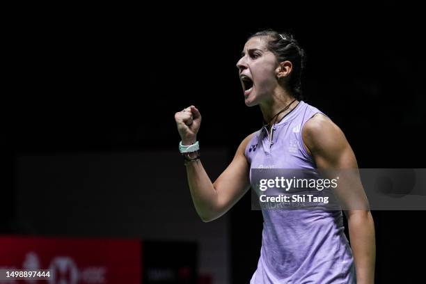 Carolina Marin of Spain reacts in the Women's Singles Quarter Finals match against Tai Tzu Ying of Chinese Taipei on day four of the Indonesia Open...