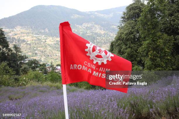 Flag displaying the Aroma Mission as India Celebrated its second Lavender Festival high in the Himalayas on June 5, 2023 at Bhaderwah, Jammu and...