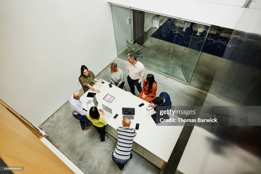 Wide high angle shot businesswoman leading project meeting in office