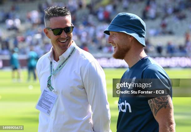 Kevin Pietersen speak to Ben Stokes of England prior to Day One of the LV= Insurance Ashes 1st Test match between England and Australia at Edgbaston...