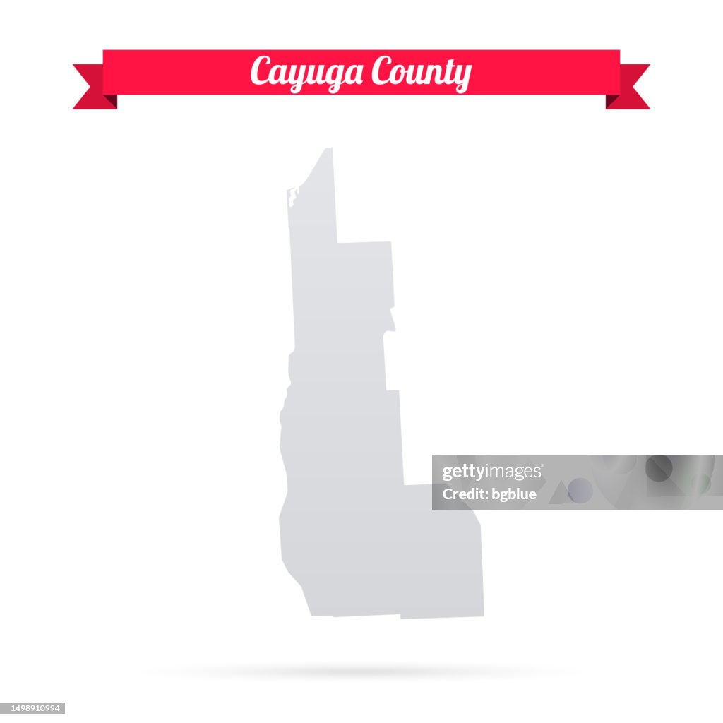 Cayuga County, New York. Map on white background with red banner
