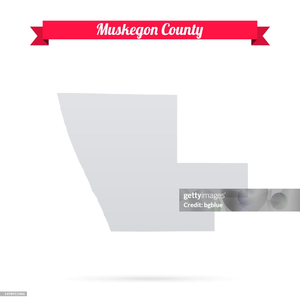 Muskegon County, Michigan. Map on white background with red banner