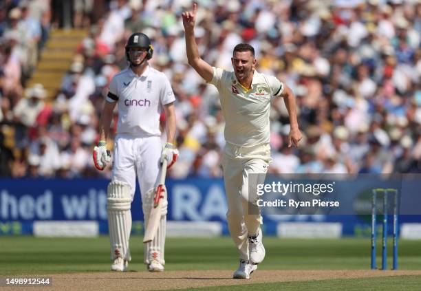 Josh Hazlewood of Australia celebrates the wicket of Ben Duckett of England during Day One of the LV= Insurance Ashes 1st Test match between England...